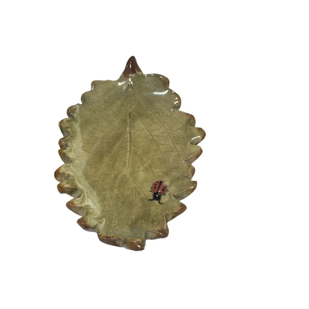 Suramics Set of 2 Leaf Pottery Ladybug Trinket Trays Decor Fall